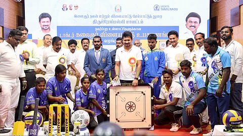 Deputy Chief Minister Udhayanidhi Stalin with sports persons at the kits distribution event in Tiruchy on Friday