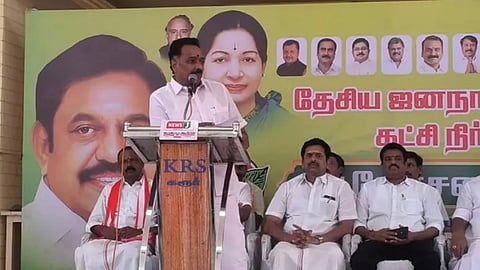 AIADMK former minister MR Vijayabhaskar addressing the NDA meeting in Karur on Friday
