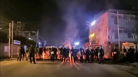 Agitators during a rally, jointly organised by Kuki Women Organisation for Human Rights (KWOHR) and Women Wing of Indigneous Tribal Leaders Forum (ITLF), to protest the participation of three Kuki-Zo-Hmar MLAs in the formation of a popular government in the state, in Churachandpur district of Manipur