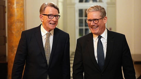 British Prime Minister Keir Starmer, right, talks with Britain’s ambassador to the United States Peter Mandelson during a welcome reception at the ambassador’s residence on Wednesday, Feb. 26, 2025 in Washington.