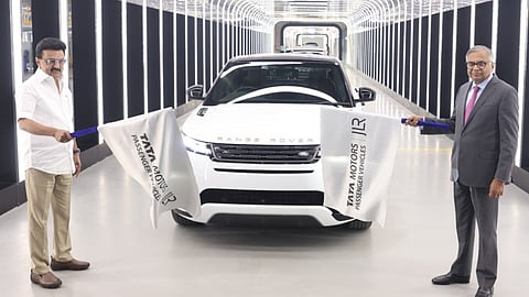 The first Range Rover Evoque being rolled out from the Tata Motors Passenger Vehicles and Jaguar Land Rover (JLR) greenfield car manufacturing facility in Ranipet, by Chief Minister MK Stalin and Tata Motors and JLR Chairman N Chandrasekaran