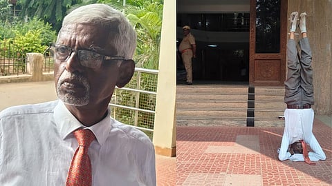 Nallasiriyar awardee Chelladurai protested by standing upside down infront of the Tirunelveli district collectorate on February 9.