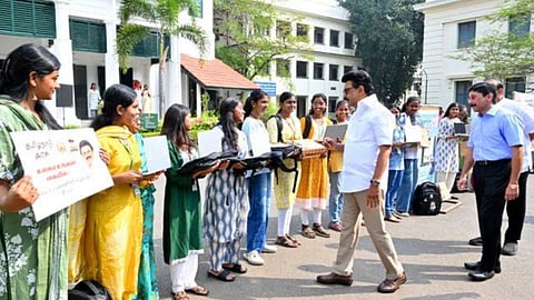 Chief Minister Stalin being welcomed at the Women's Christian College campus on February 10