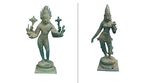 Metal idol of Sudharsanar (Vishnu) in the left and metal idol of Devi in the right.