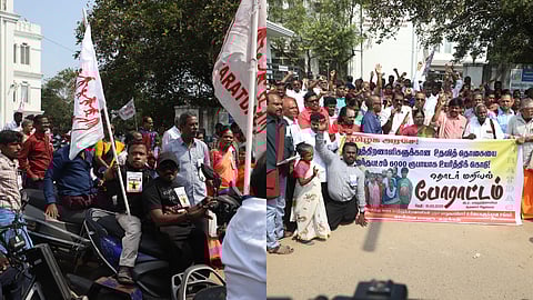 Persons with disabilities under the TARATDAC protesting at the Directorate for Welfare of the Differently Abled on Kamarajar Salai 