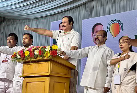 PMK president Anbumani Ramadoss administering a pledge to Youth Wing members at party event in Chennai on Tuesday
