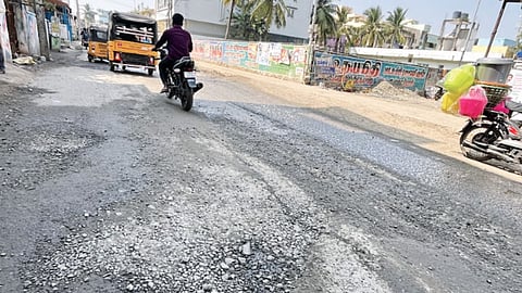 Damaged stretch at Eswaran Koil Street in Thoraipakkam’s Kannagi Nagar