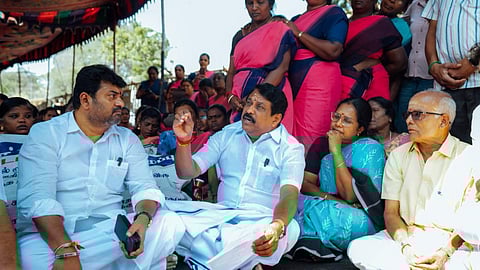 State BJP chief Nainar Nagenthran at noon meal workers' protest in Coimbatore on Thursday