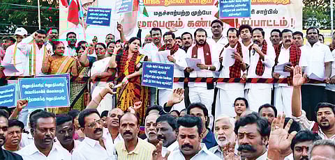 Secular Progressive Alliance partners leading a protest against the BJP-led Centre’s budget in Vellore on Thursday