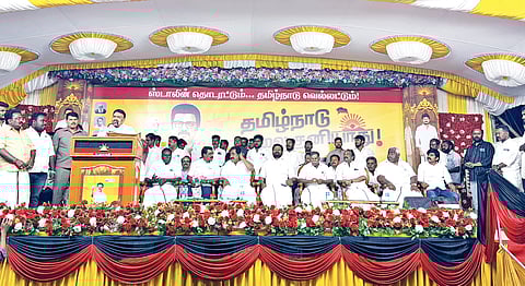 Minister RS Rajakannappan addressing the party’s public meeting in Madurai on Wednesday