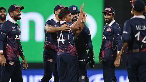 US's Nosthush Kenjige celebrating after the dismissal of Netherlands Michael Levitt