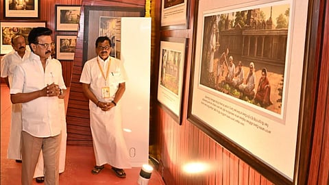 Chief Minister MK Stalin inspecting a photo expo on the life history of Ramalinga Vallalar in Chennai on Sunday (February 15)

