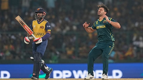 Australia's Marcus Stoinis reacts after delivering a ball during the T20 World Cup cricket match between Sri Lanka and Australia in Pallekele, Sri Lanka, Monday, Feb. 16, 2026 
