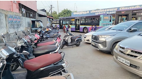 Two-wheelers and four-wheelers occupy space inside the Nandivaram terminus meant for buses