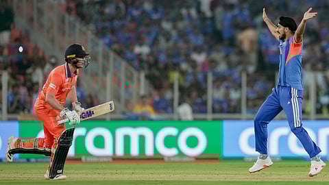 India's Arshdeep Singh, right, makes an unsuccessful appeal during an ICC Men's T20 World Cup 2026 cricket match between India and Netherlands, at the Narendra Modi Stadium, in Ahmedabad, Wednesday, Feb. 18, 2026 