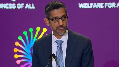 Google CEO Sundar Pichai addresses the gathering during the India AI Impact Summit 2026