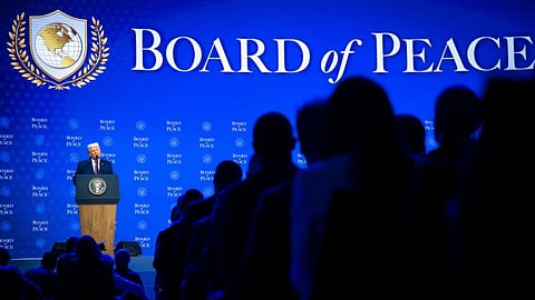 US President Donald Trump speaks at the Board of Peace meeting, during the Annual Meeting of the World Economic Forum in Davos, Switzerland.