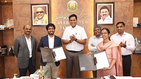 Industries Minister TRB Raaja at an MoU signing event with PMI Engineering Exports in Chennai on February 19