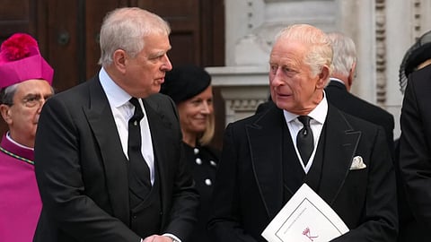 Then-Britain's Prince Andrew, left, and Britain's King Charles III leave after the Requiem Mass service for the Duchess of Kent at Westminster Cathedral in London.