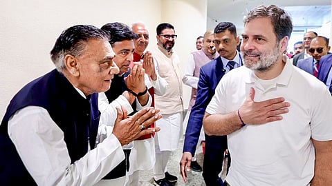 Leader of Opposition in Lok Sabha Rahul Gandhi is being greeted upon his arrival at Chaudhary Charan Singh International Airport, in Lucknow 