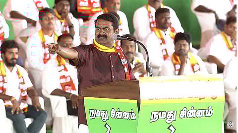 NTK chief coordinator Seeman with the party's nominees for the forthcoming Assembly elections at the conference in Tiruchy on Saturday