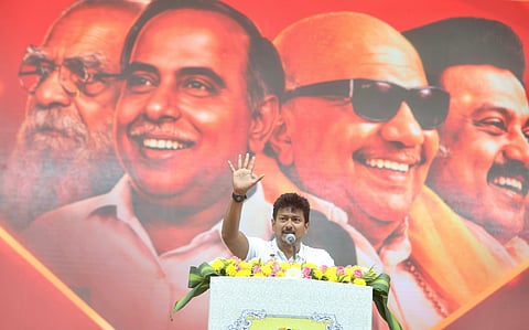 Deputy Chief Minister Udhayanidhi Stalin addressing the party's Youth Wing conference in Coimbatore on Sunday