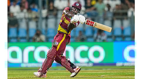 West Indies' Rovman Powell plays a shot during an ICC Men's T20 World Cup 2026 cricket match between Zimbabwe and West Indies, at the Wankhede Stadium, in Mumbai, Maharashtra, Monday, Feb. 23, 2026. 