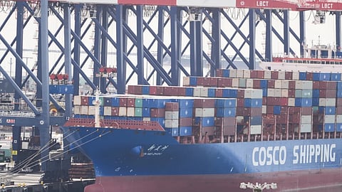 A ship is docked at the Port of Long Beach 