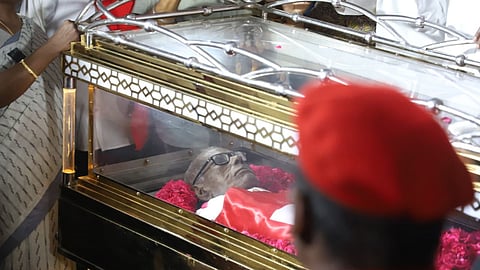 Centenarian CPI leader R Nallakannu wrapped in party flag.
