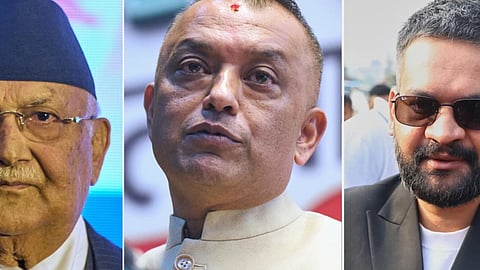 This combo of three photos show from left, Khadga Prassad Oli, president of Communist Party of Nepal (Unified Marxist–Leninist), Gagan Thapa, president of Nepali congress both taken in Katmandu, Feb.19, 2026 and former Kathmandu mayor Balendra Shah, of the Rastriya Swatantra Party, photo taken in Jhapa, Feb. 23, 2026, in Nepal.