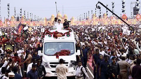 Chief Minister MK Stalin waving at supporters in the DMK's booth agents' conference in Coimbatore on Friday