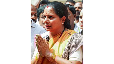 Telangana Jagruthi president K Kavitha reacts after being discharged in the Delhi excise policy case, in Hyderabad, Friday, Feb. 27, 2026