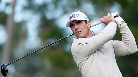 Billy Horschel hits from the 17th tee at Spyglass Hill Golf Course during the second round of the AT&T Pebble Beach Pro-Am golf tournament in Pebble Beach, Calif.

