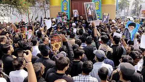 People from the Muslim community stage a protest against the alleged killing of Iran's Supreme Leader Ali Khamenei in US-Israel strikes, in Hyderbad, Sunday, Mar. 1, 2026