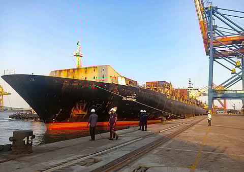 Dockworkers prepare to berth a container-laden vessel at VO Chidambaranar Port (VOC Port), in Tuticorin, Tamil Nadu. 