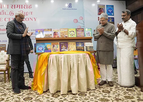 Vice-President CP Radhakrishnan with Union Minister of Railways Ashwini Vaishnaw and Minister of State for Information and Broadcasting L Murugan at the launch event in New Delhi on Monday