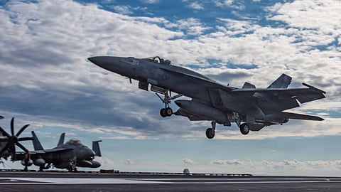 Image provided by U.S. Central Command shows a F/A-18E Super Hornet landing on the USS Gerald R. Ford (CVN 78) in support of Operation Epic Fury.