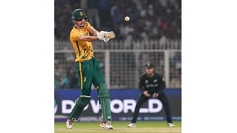 South Africa's Marco Jansen plays a shot during the ICC Men's T20 World Cup 2026 first semifinal cricket match between New Zealand and South Africa, at Eden Gardens, in Kolkata, Wednesday, March 4, 2026 
