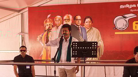 Vijay addressing the meeting in Thanjavur on Wednesday
