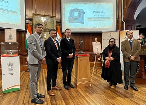 Indian High Commissioner to the UK Vikram Doraiswami with other officials during a ceremony of handing over a 16th century bronze idol of Saint Thirumankai Alvar by the University of Oxford�s Ashmolean Museum to the temple of Shri Soundararaja Perumal in Tamil Nadu's Thadikombu, in London. 