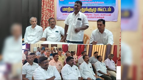 Tasmac union leaders speak during the state general body meeting in Tiruchy on March 5