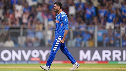 India's Axar Patel celebrates the wicket of England's Tom Banton during the ICC Men's T20 World Cup 2026 second semifinal cricket match between India and England, at the Wankhede Stadium, in Mumbai, Maharashtra, Thursday, March 5, 2026 
