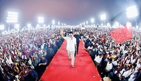 Chief Minister and DMK president MK Stalin walking the ramp to the stage to address party conference in Tiruchy on Monday