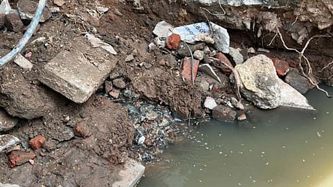 Sewer line damaged by contractors carrying out storm water drainage (SWD) work on Panjali Amman Koil Street