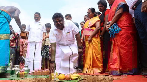 Minister SS Sivasankar laying foundation for new substation in Ariyalur on Tuesday (March 9)