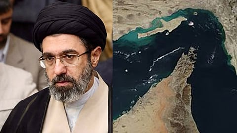 (L) Iran's Supreme Leader Ayatollah Mojtaba Khamenei, (R) Strait of Hormuz