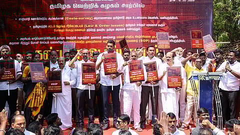 TVK general secretary N Anand leading the party's protest in Chennai on Thursday