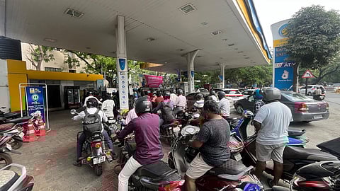 Vehicles queued up at a Bharat Petroleum bunk in Velachery on Thursday (March 12) morning