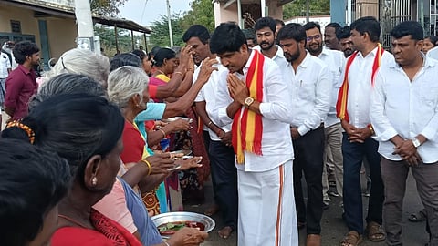 TVK district secretary VP Mathiyazhagan at the campaign ceremony in Karur on Friday

