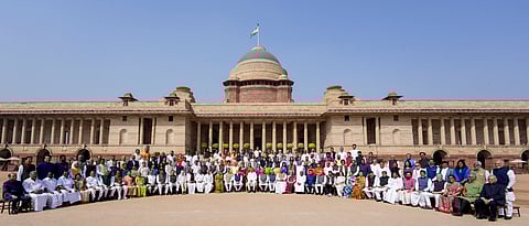 Vice President CP Radhakrishnan, Prime Minister Narendra Modi, Lok Sabha Speaker Om Birla, Union Ministers Kiren Rijiju, Nirmala Sitharaman, and others, pose for a group photograph with retiring and recently retired Members of Rajya Sabha, in New Delhi.